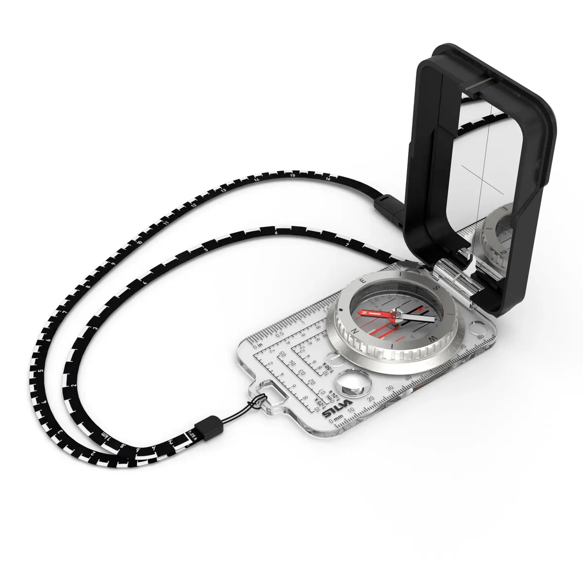 Boussole à miroir Silva Expedition Neo S, miroir ouvert, cordon noir et capsule rotative