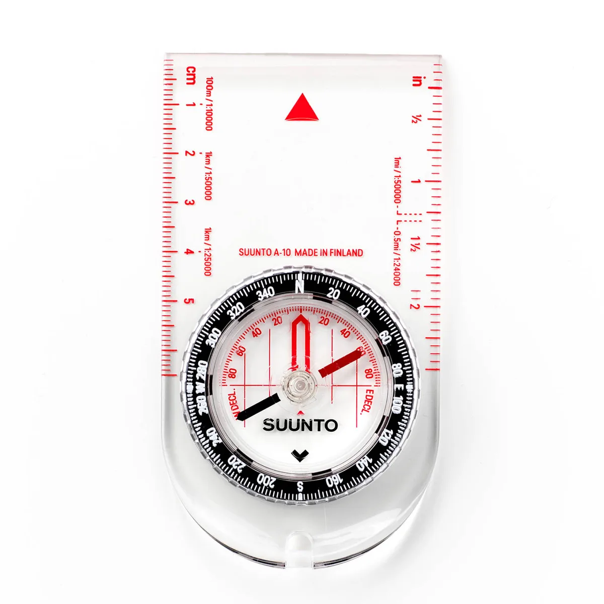 Boussole Suunto A-10 vue de dessus, capsule liquide et règle graduée