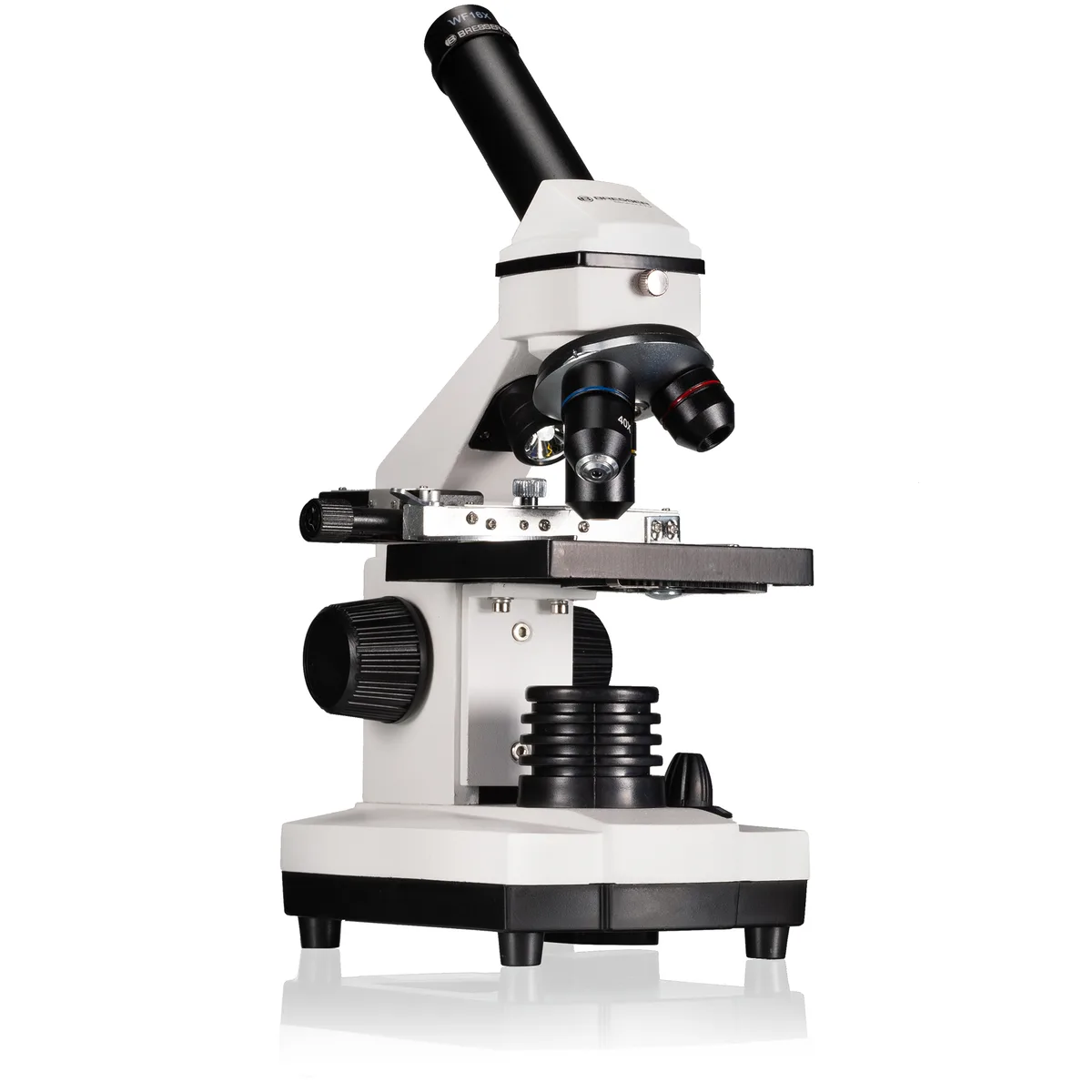 Microscope Bresser Biolux NV blanc et noir avec platine mécanique