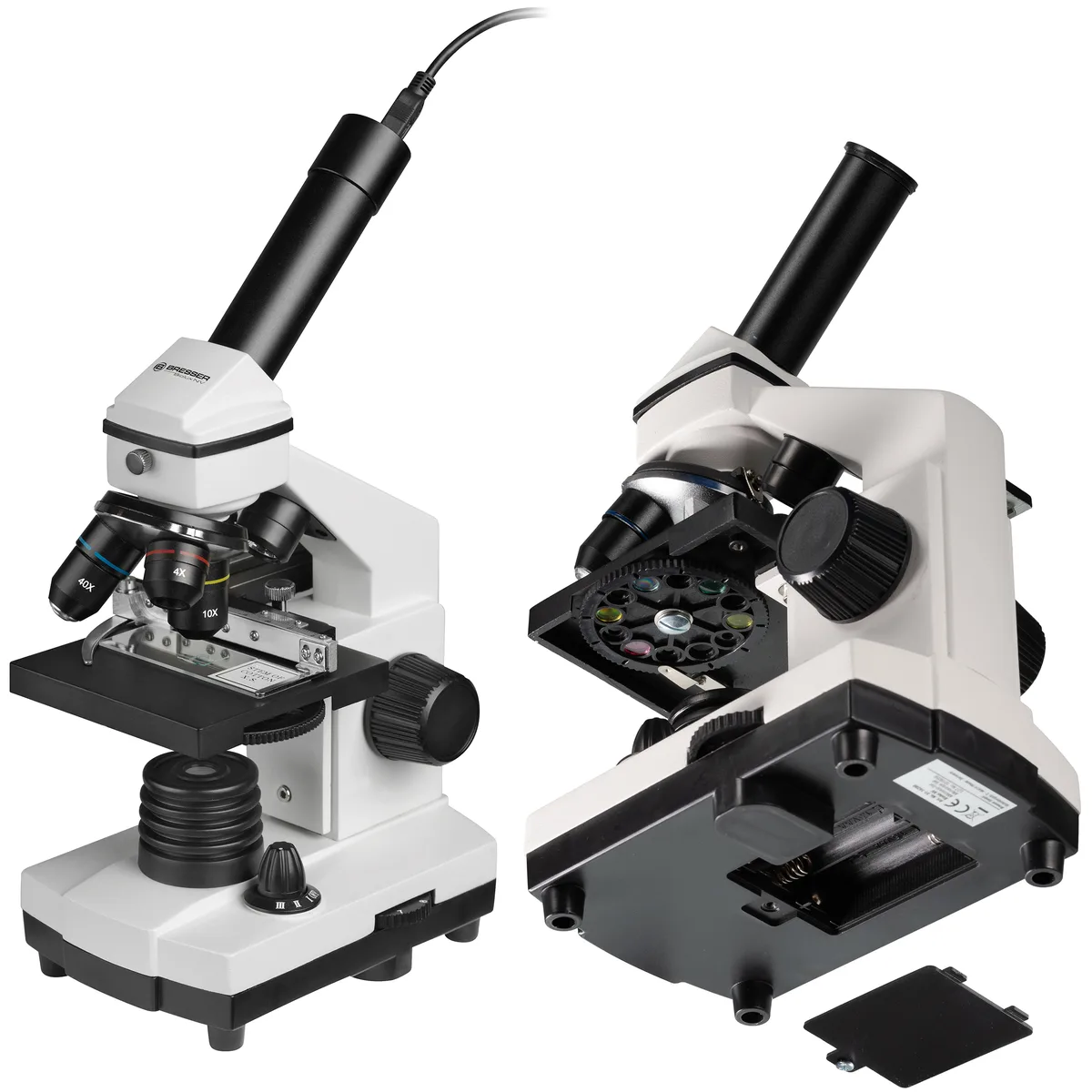 Microscope Bresser Biolux NV vu de face et de dessous avec le compartiment à piles et la caméra