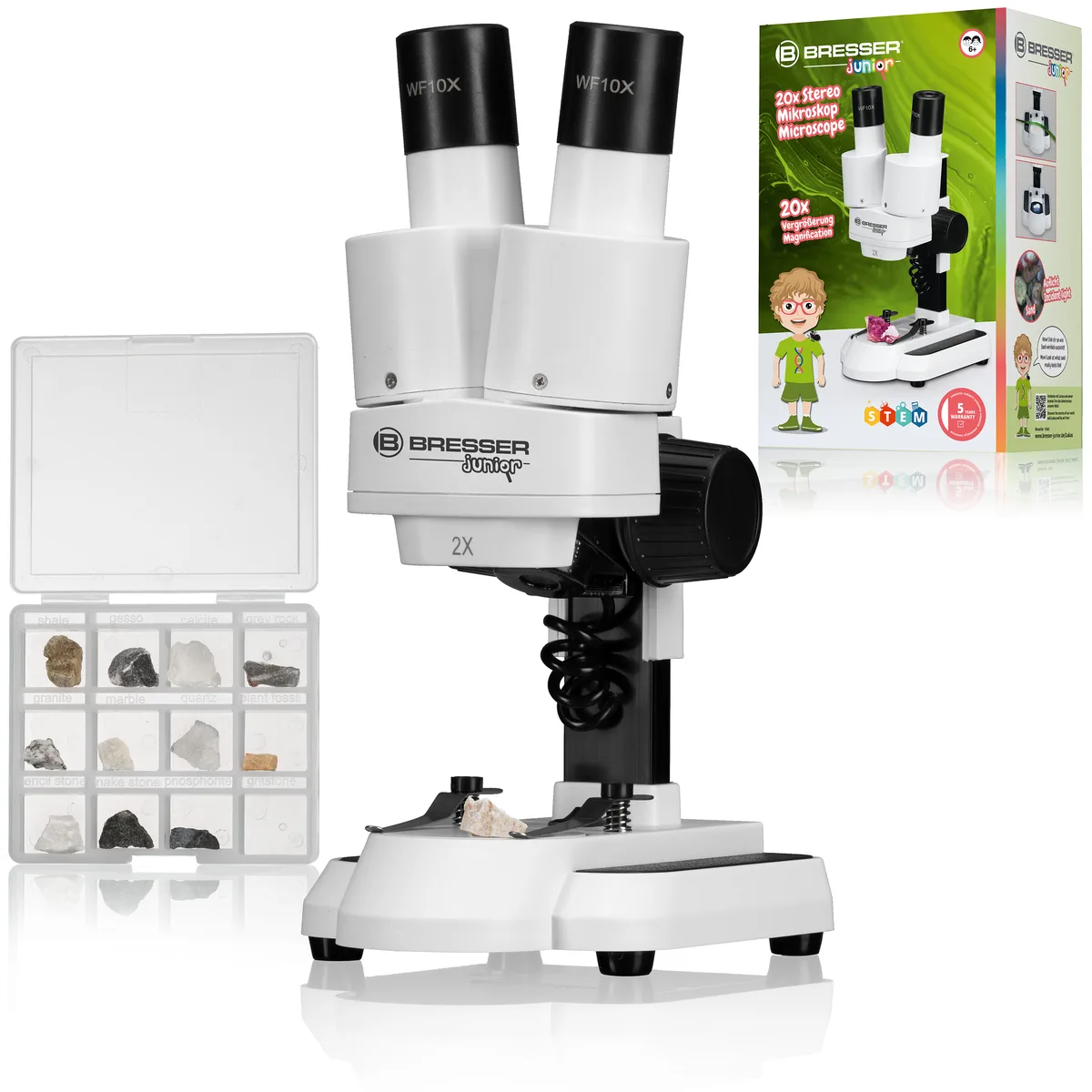 Microscope stéréo Bresser Junior 20x blanc avec sa boîte et la boîte de 12 minéraux