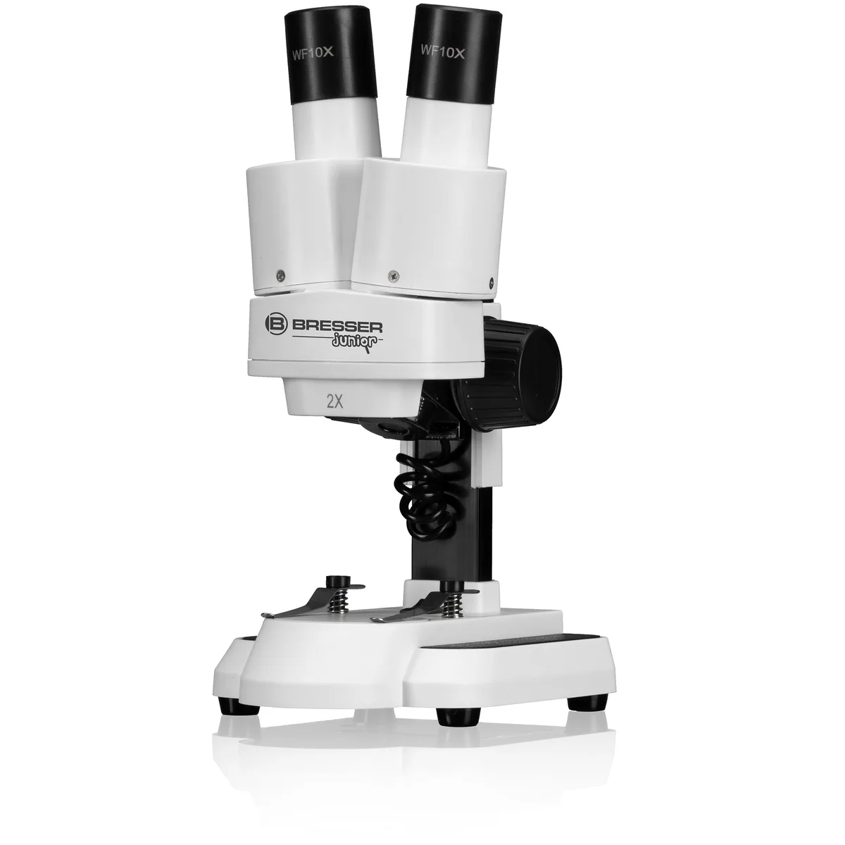 Microscope stéréo Bresser Junior 20x vu de face, avec ses deux oculaires WF 10x