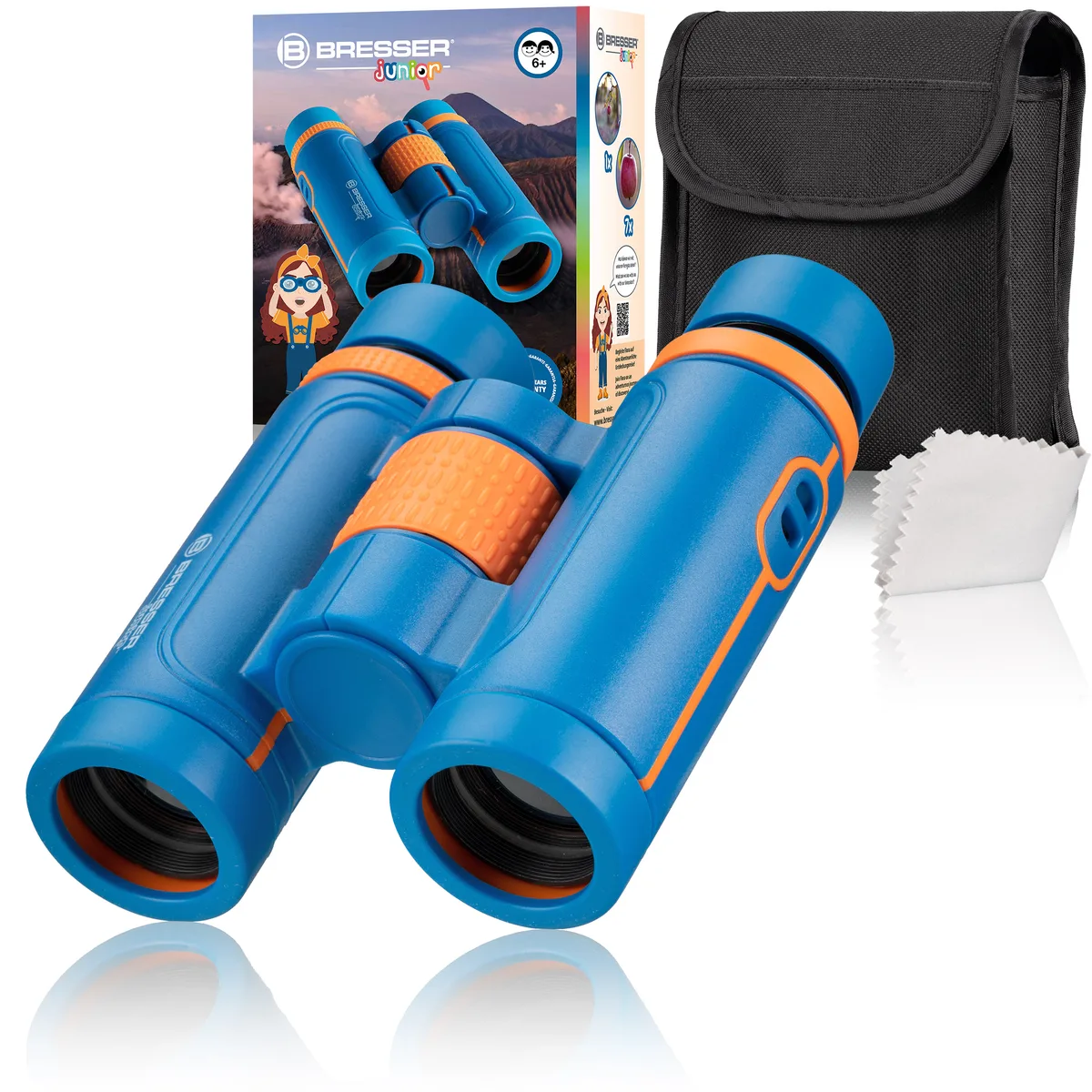 Jumelles enfant Bresser Junior 7x30 bleues et orange avec leur sac et la boîte