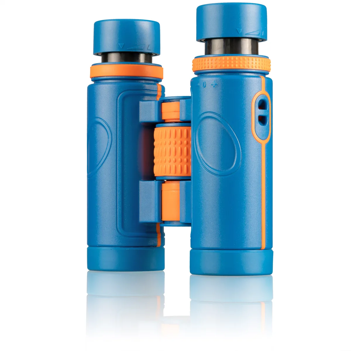 Jumelles Bresser Junior 7x30 bleues vues de face avec la molette de mise au point orange