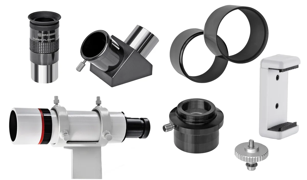 Accessoires de la Messier AR-102s/600 : oculaire, renvoi coudé, bagues, chercheur, support smartphone