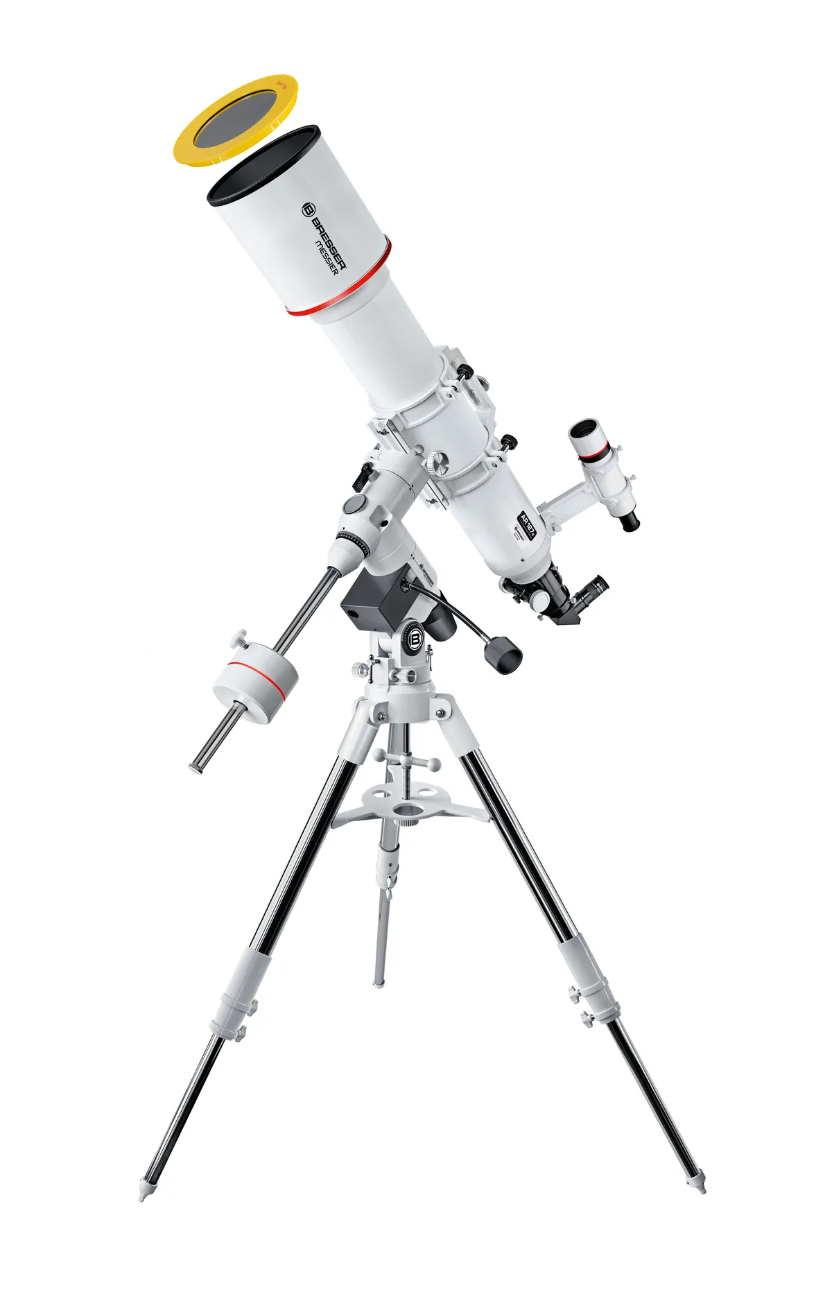 Lunette Bresser Messier AR-127S blanche sur monture équatoriale EXOS-2 et trépied en acier