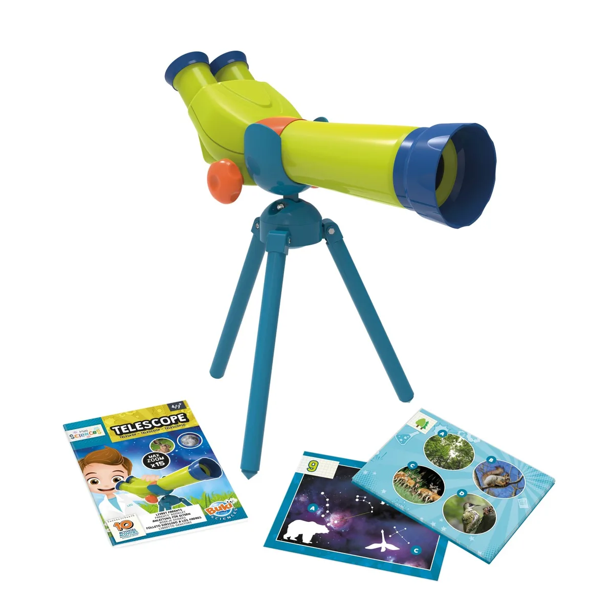 Télescope Buki Mini Sciences sur son trépied bleu avec les fiches illustrées