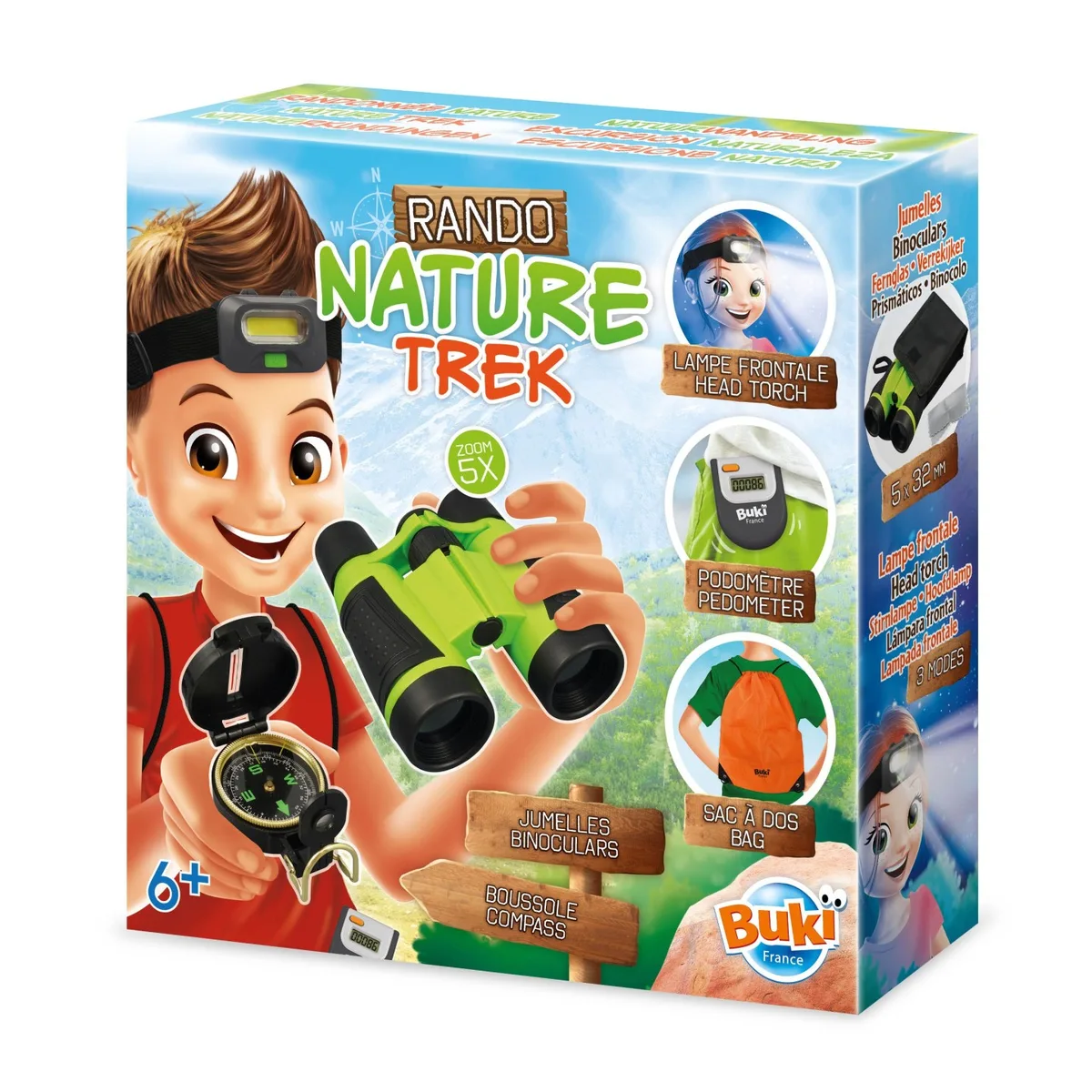 Boîte du coffret Buki Randonnée Nature Trek avec jumelles, boussole et lampe frontale