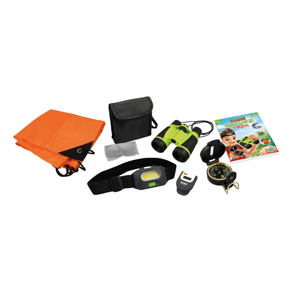 Contenu du coffret Buki : jumelles vertes, lampe frontale, boussole, podomètre et sac orange