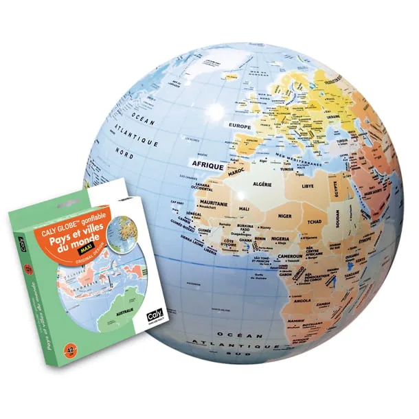 Maxi globe gonflable pays et villes de 42 cm avec sa petite carte d'accompagnement
