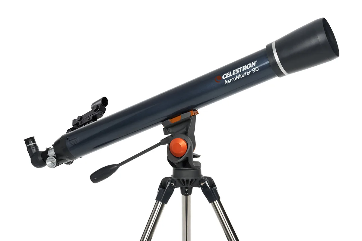 AstroMaster 90AZ vue de côté avec le chercheur à point rouge et le renvoi coudé