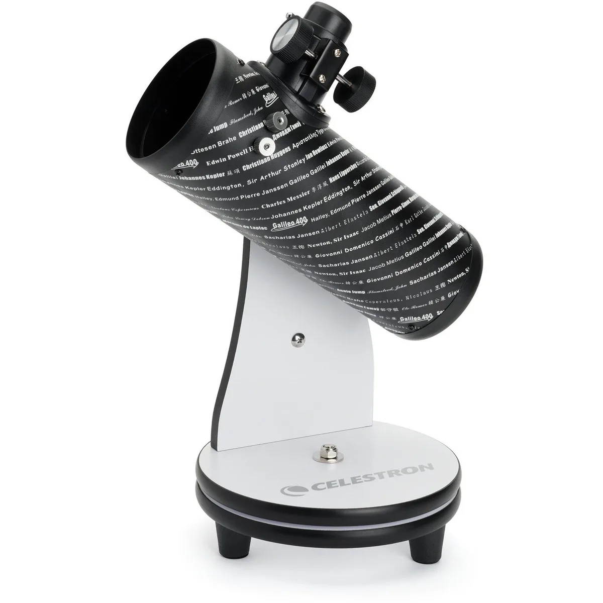 Télescope de table Celestron FirstScope noir et blanc sur sa base ronde