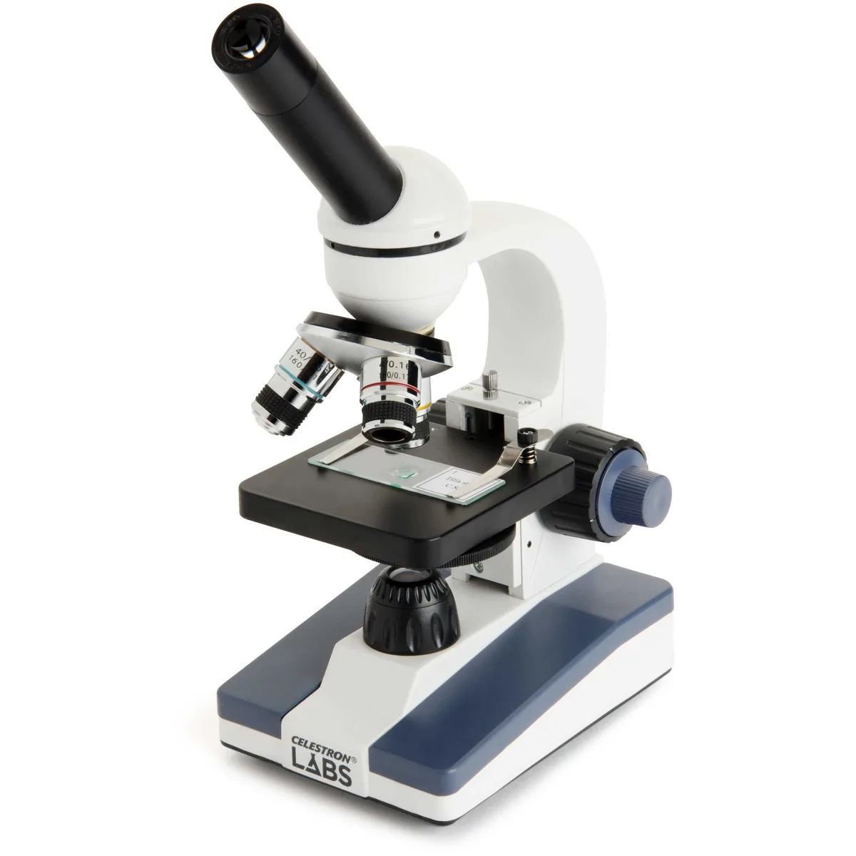 Microscope Celestron Labs CM1000C blanc et bleu avec trois objectifs et platine à pinces