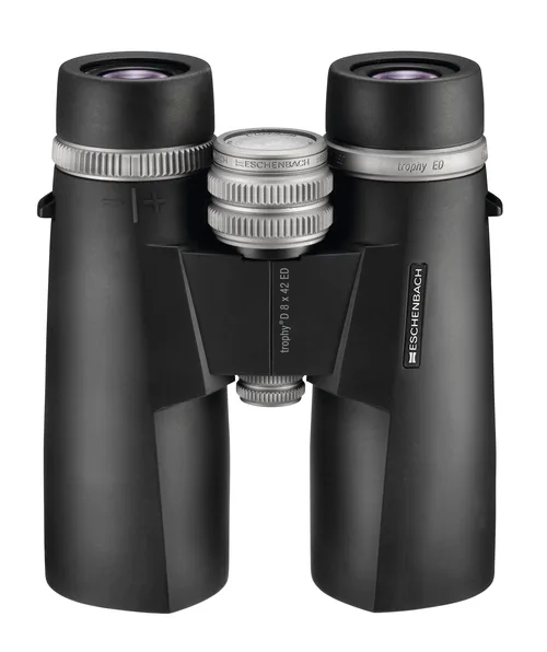 Jumelles Eschenbach trophy D 8x42 ED noires avec anneaux argentés, vues de face