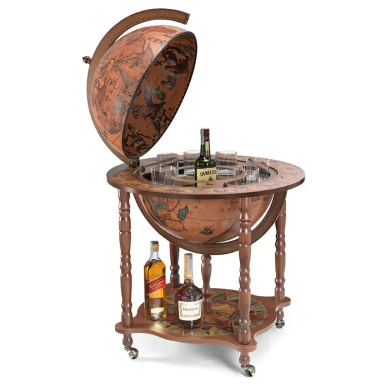 Globe bar Zoffoli Dedalo ouvert, avec ses bouteilles, sur quatre pieds tournés et roulettes