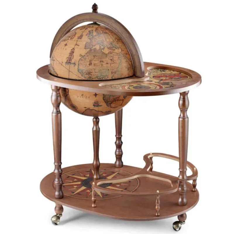 Globe bar Zoffoli Giasone fermé, sphère à carte ancienne sur un chariot en bois à plateau ovale
