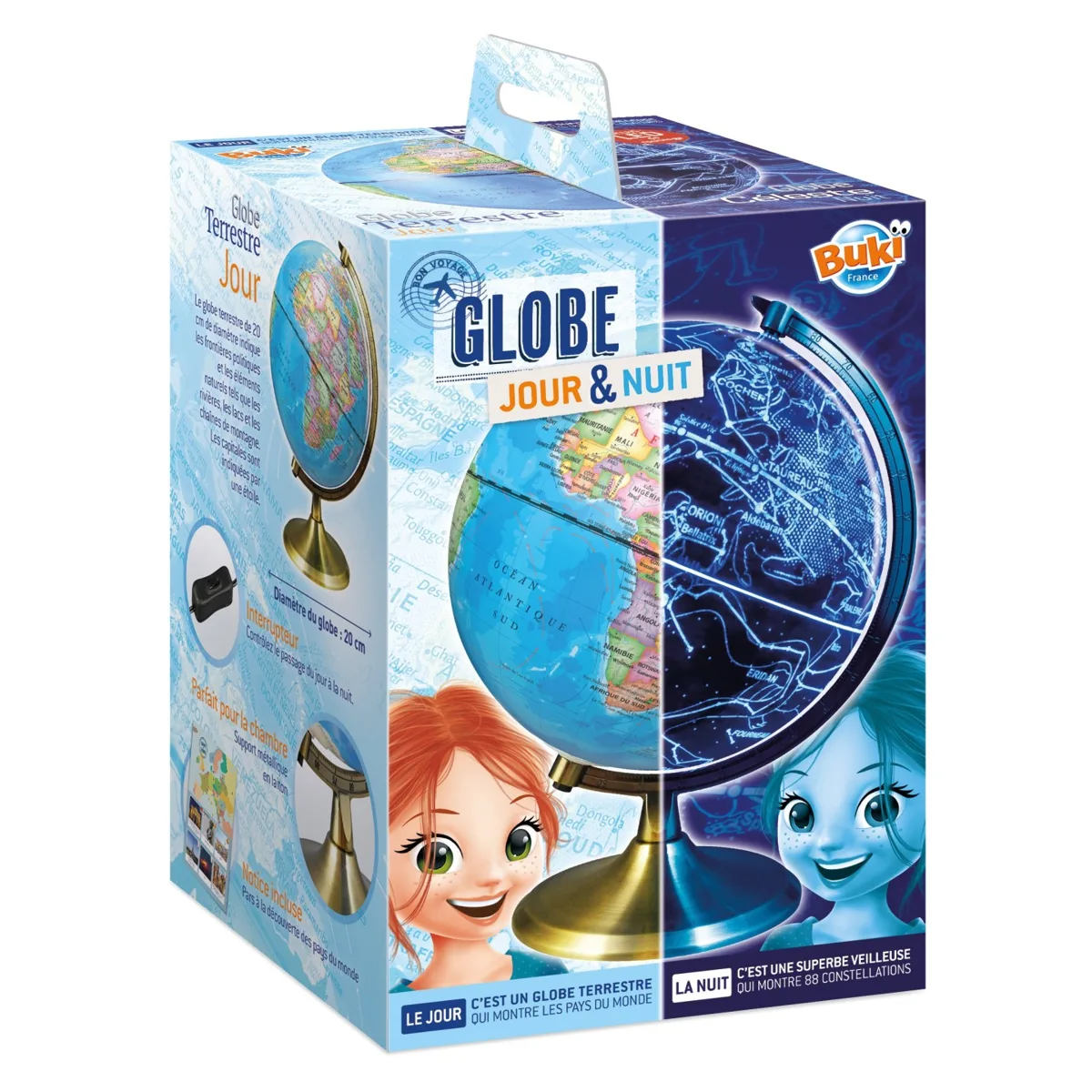 Boîte du globe Jour et Nuit Buki, carte du monde de jour et ciel étoilé de nuit