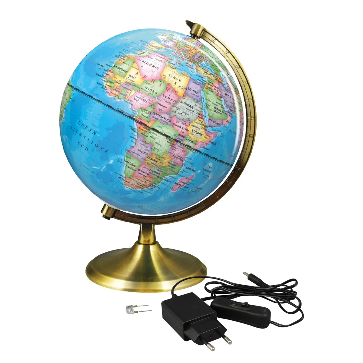 Globe Buki Jour et Nuit sur son support en laiton avec son adaptateur secteur