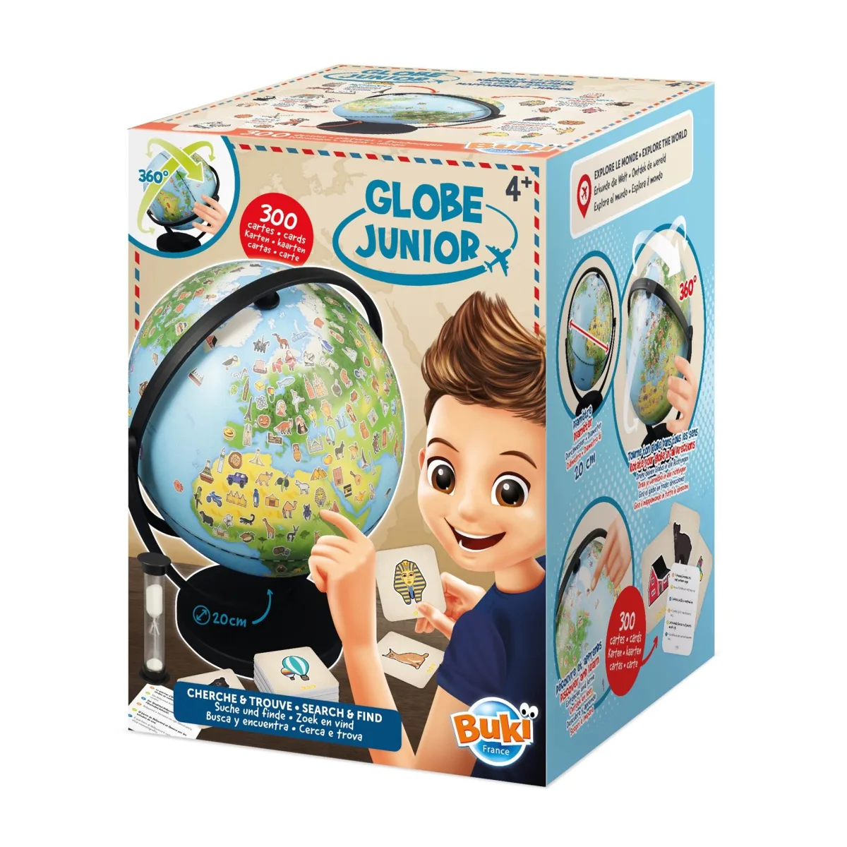 Boîte du Globe Junior Buki, avec un globe illustré et un enfant