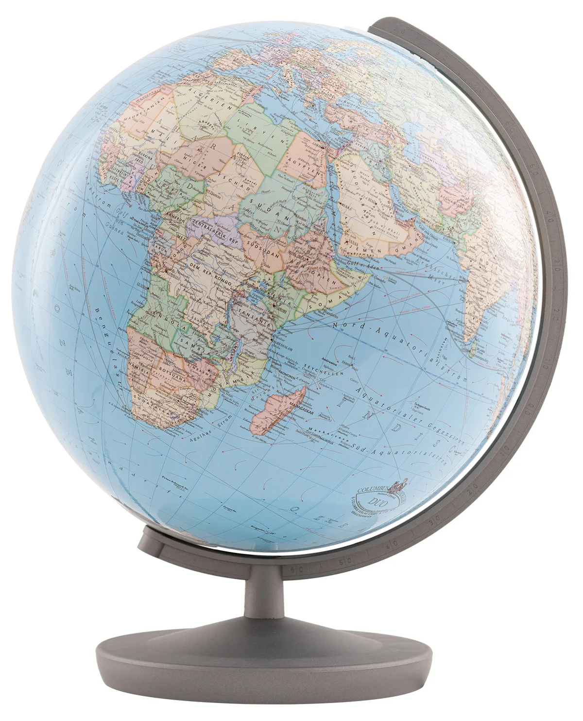 Globe Columbus DUO Baron, sphère bleue de 26 cm sur un pied gris et un méridien gris foncé