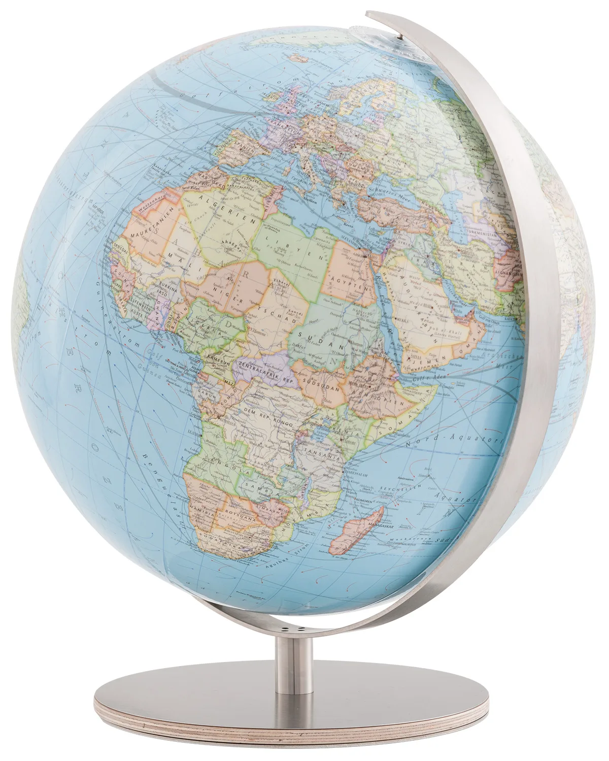 Globe Columbus DUO Duke, sphère de 30 cm à carte politique dans un méridien en inox sur un socle en bois
