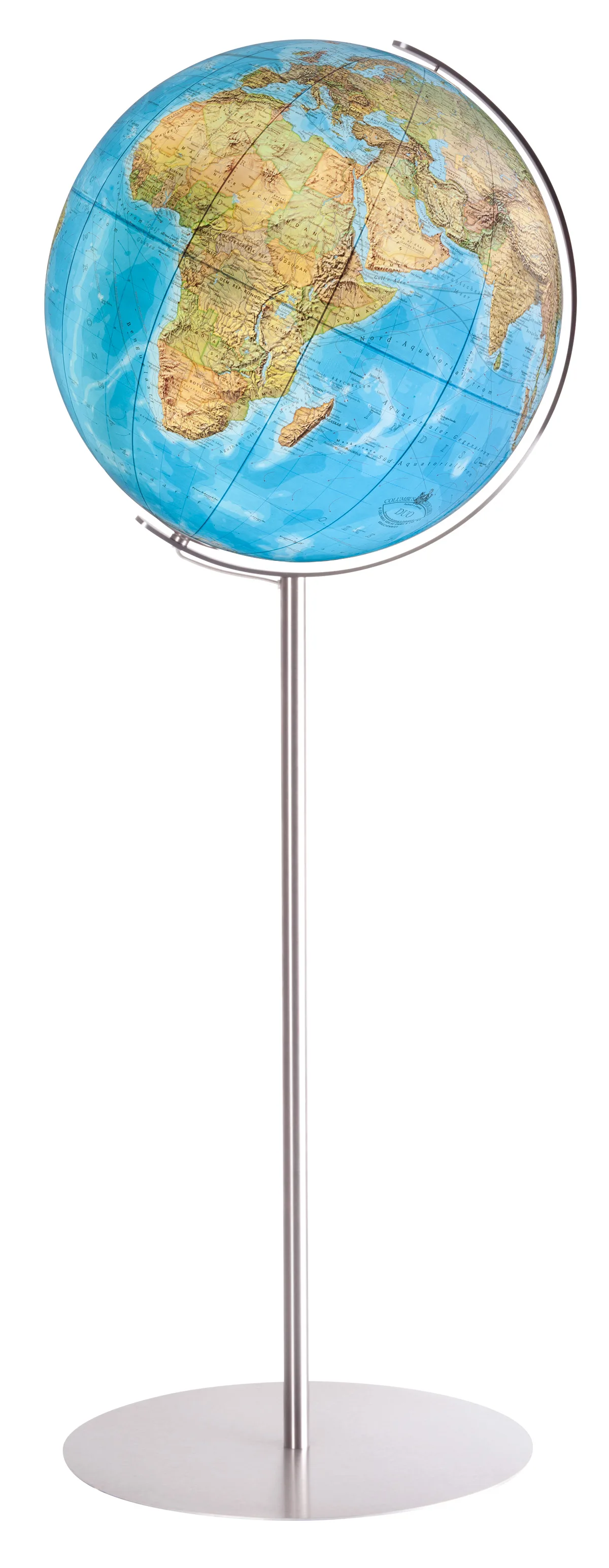 Globe sur pied Columbus DUO Regent allumé, carte physique visible sur la sphère