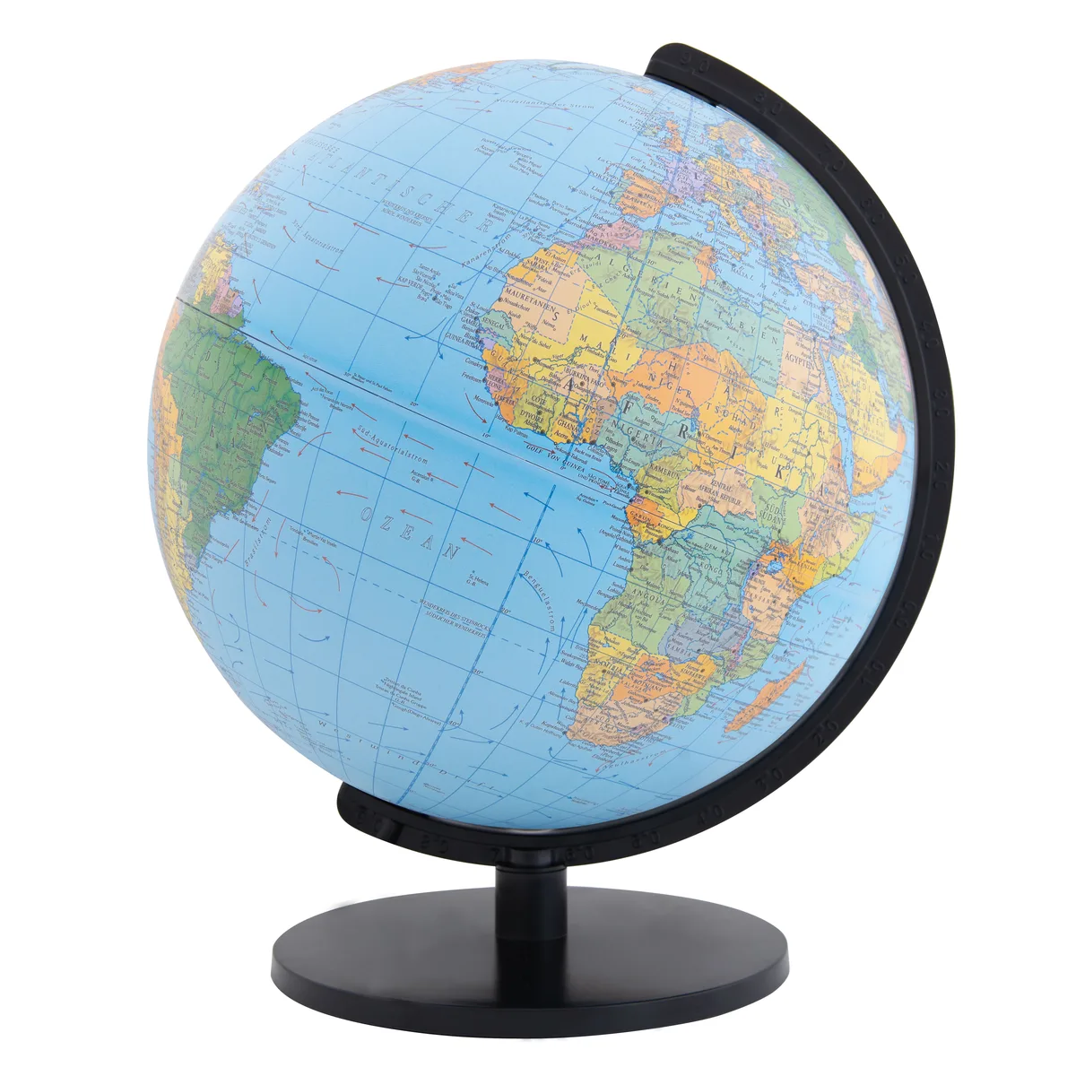 Globe Columbus Terra, sphère de 26 cm à carte politique dans un méridien noir sur un pied noir