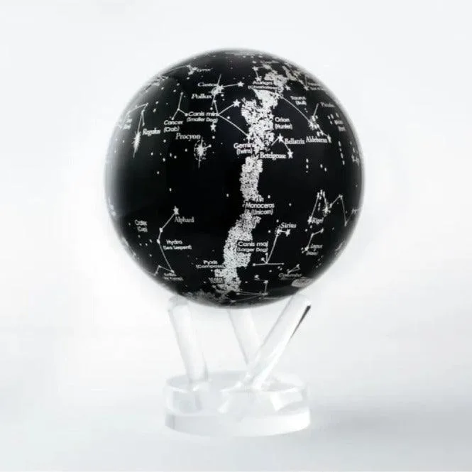 Globe Mova Constellations, sphère noire aux constellations argentées sur un support acrylique transparent