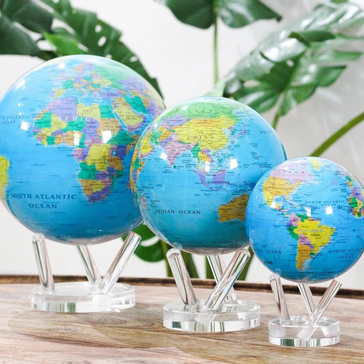 Trois globes Mova à carte politique bleue, de tailles Classique, Signature et Prestige, posés sur des supports acryliques