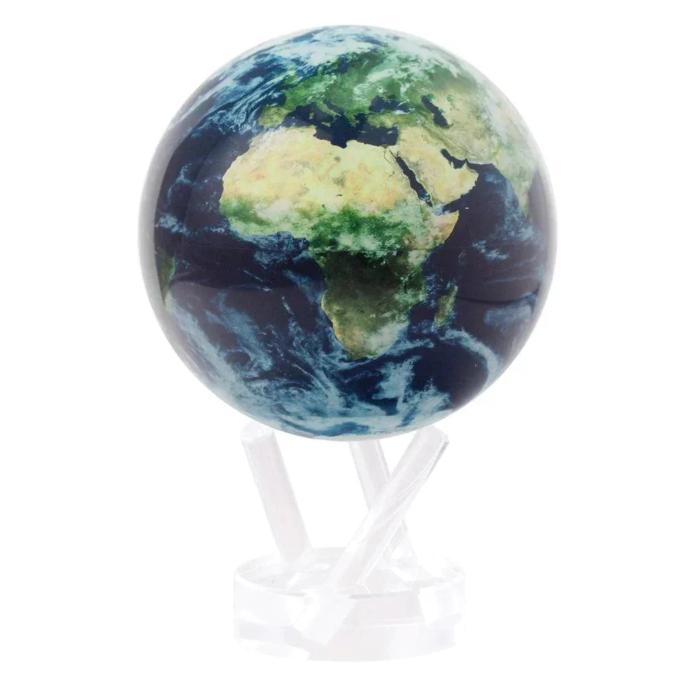 Globe auto-rotatif Mova Terre avec nuages, image satellite bleue et verte sur un support en acrylique transparent