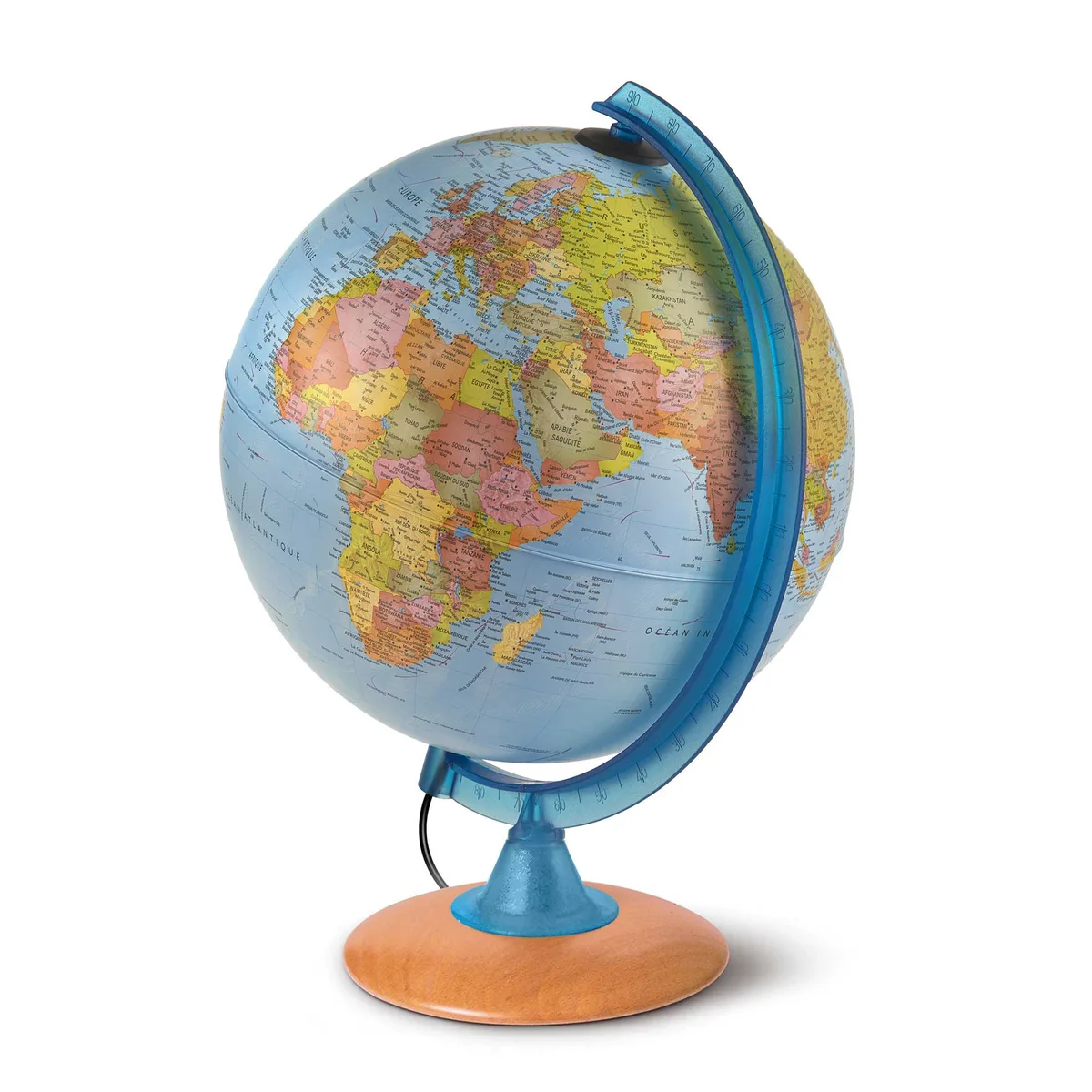 Globe Räthgloben Constellation Plus, carte du monde politique, pied bleu et orange
