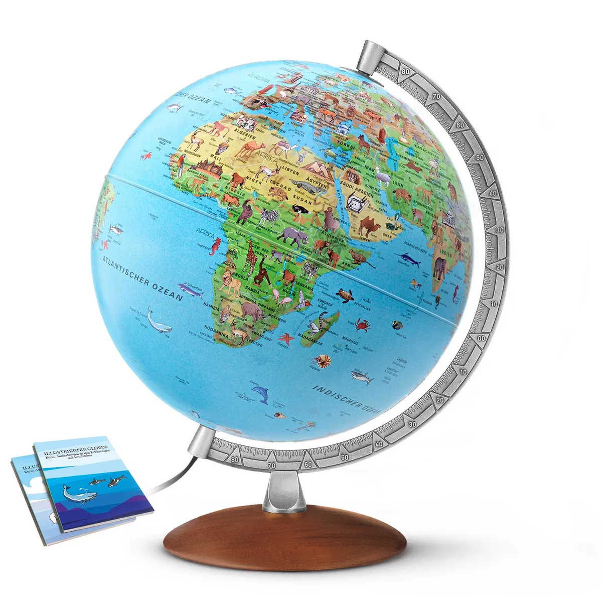 Globe lumineux pour enfant Räthgloben KI 30 10, 30 cm, pied en bois sombre
