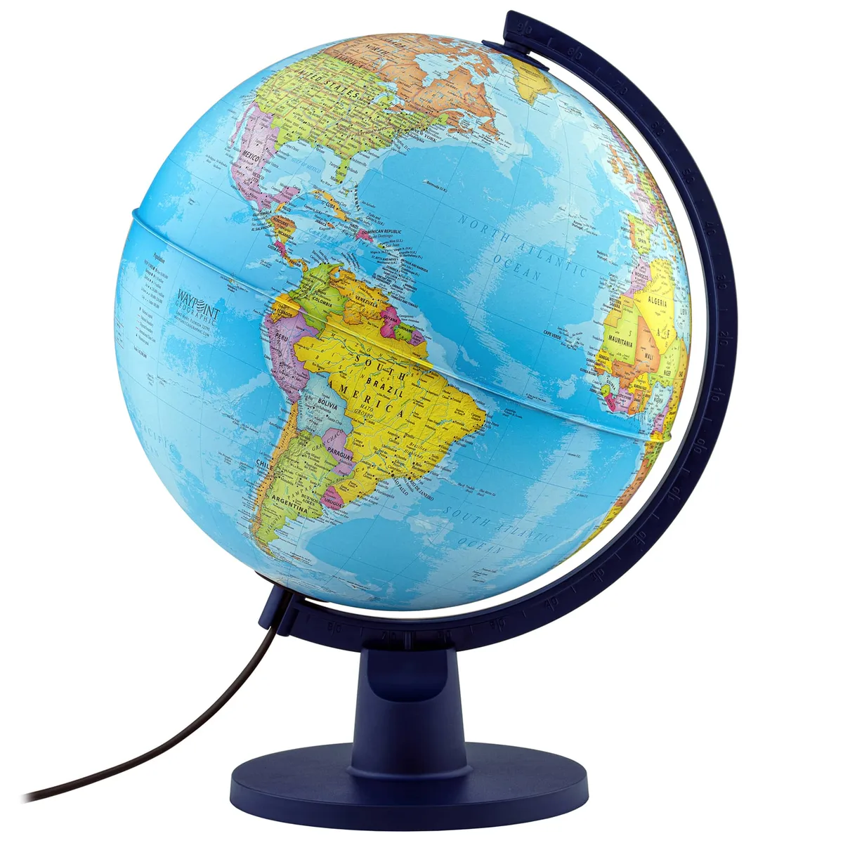 Globe Waypoint Geographic Scout Plus, océans bleus, méridien et socle bleu foncé