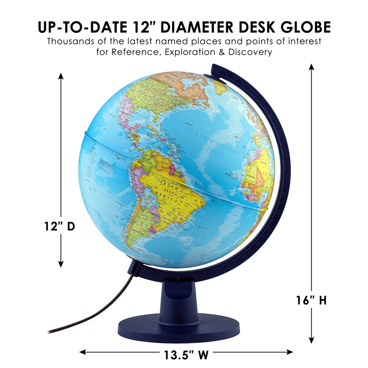 Schéma du globe Waypoint Scout Plus avec ses dimensions : 12 pouces de diamètre, 16 pouces de haut