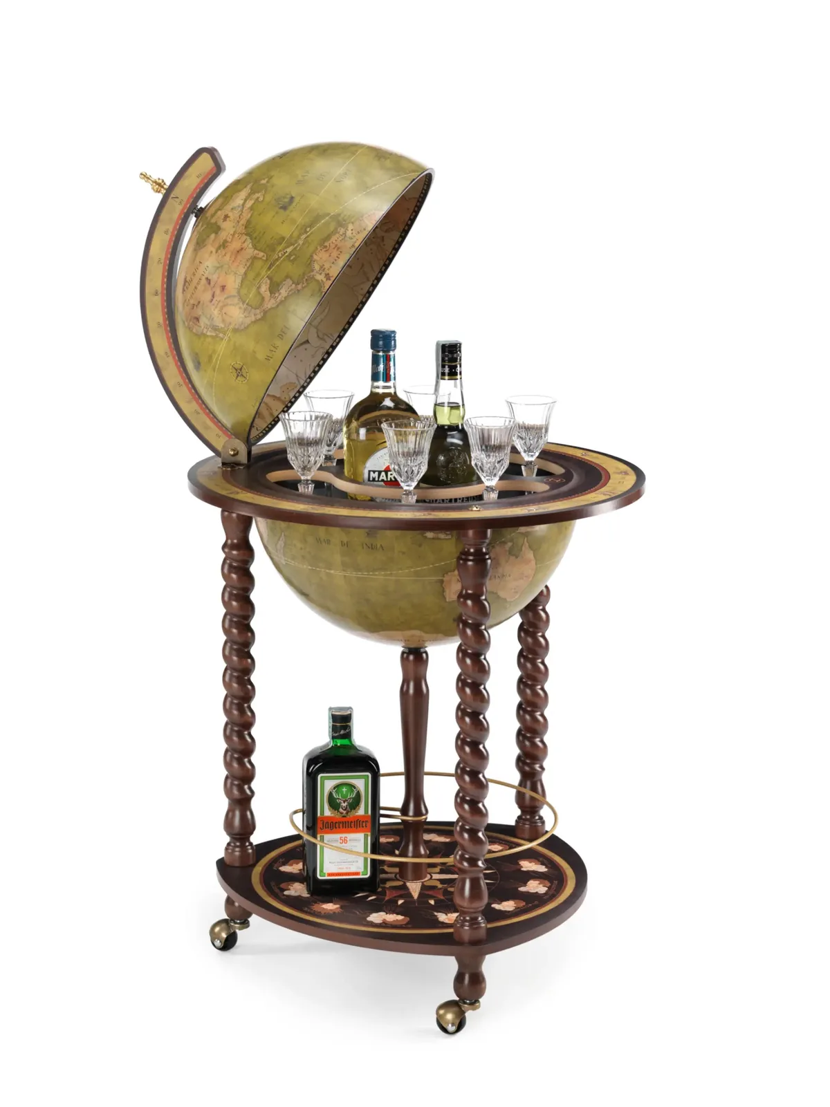 Globe bar Zoffoli Explora ouvert, avec bouteilles et verres