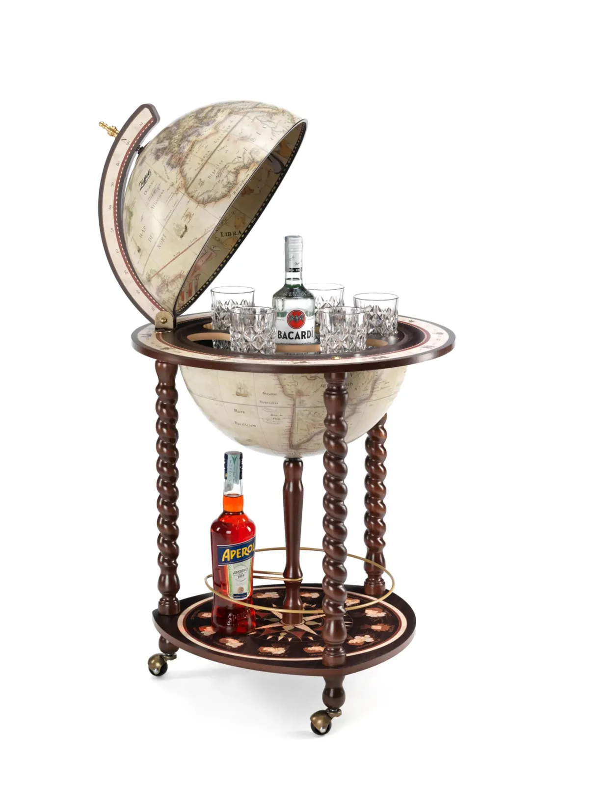 Globe bar Explora en finition blanche, ouvert avec ses verres