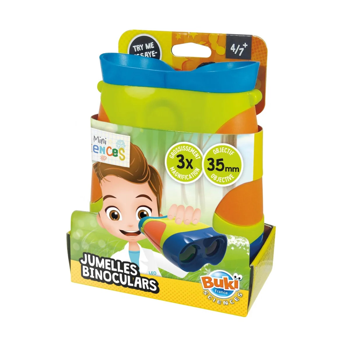 Emballage des jumelles Mini Sciences Buki, avec des jumelles bleues, jaunes et orange