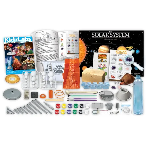 Contenu du coffret KidzLabs 4 en 1 GEOCOSMO : livret, plâtre, moule de volcan, pots de peinture, cristaux, bouteille et planètes