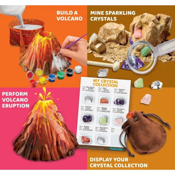 Les quatre projets du coffret GEOCOSMO : volcan, cristaux, éruption et collection de cristaux