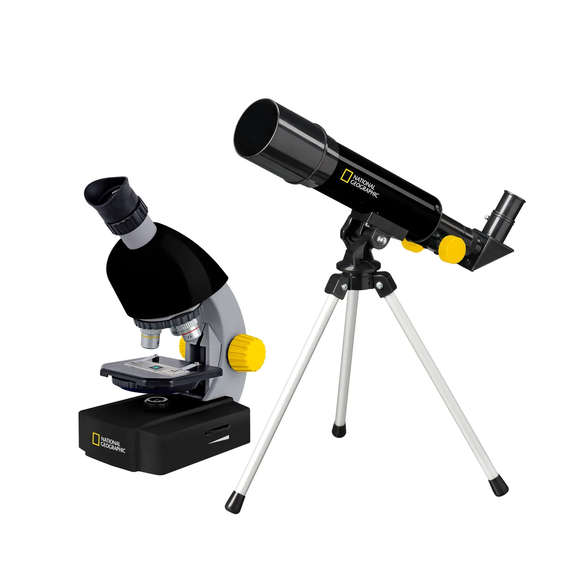 Kit National Geographic : microscope noir et jaune et lunette sur trépied de table