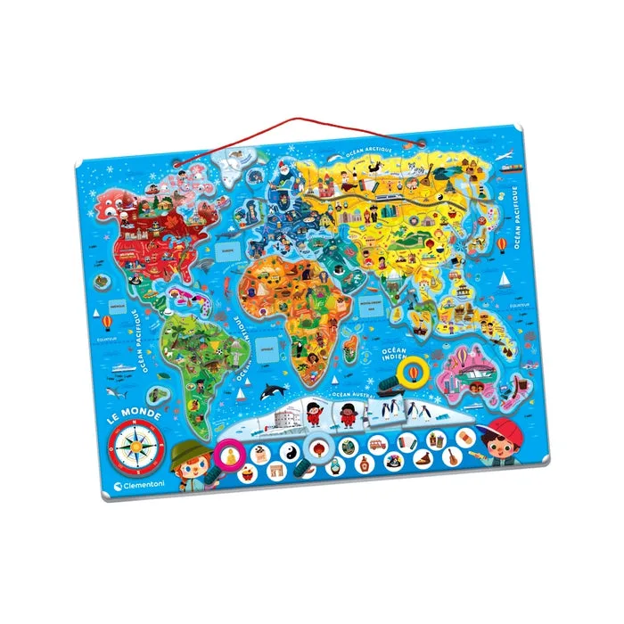 Plateau du puzzle magnétique du monde Clementoni, carte aux couleurs vives par continent avec légendes