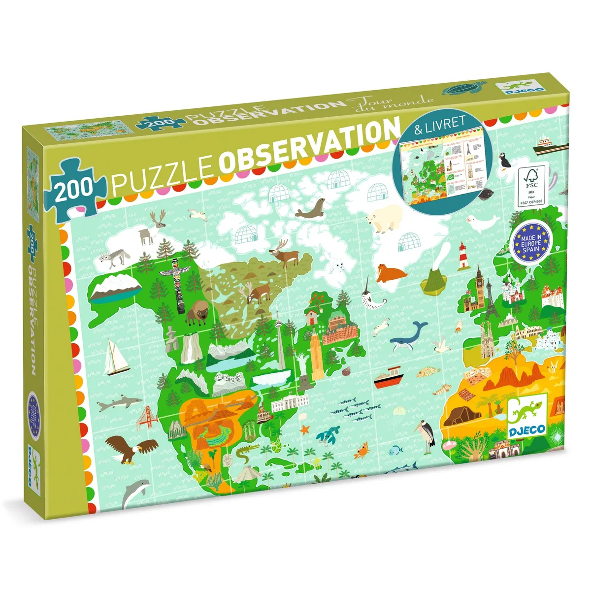 Boîte du puzzle Djeco d'observation Tour du monde 200 pièces avec livret