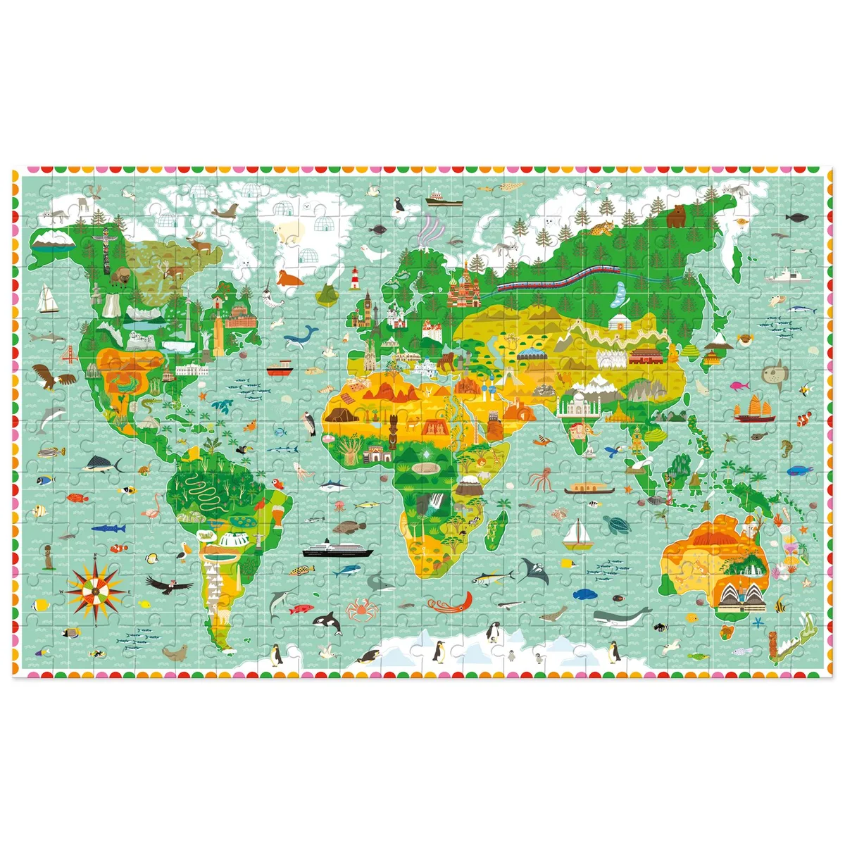 Puzzle Djeco Tour du monde assemblé : planisphère illustré avec monuments, animaux et bateaux