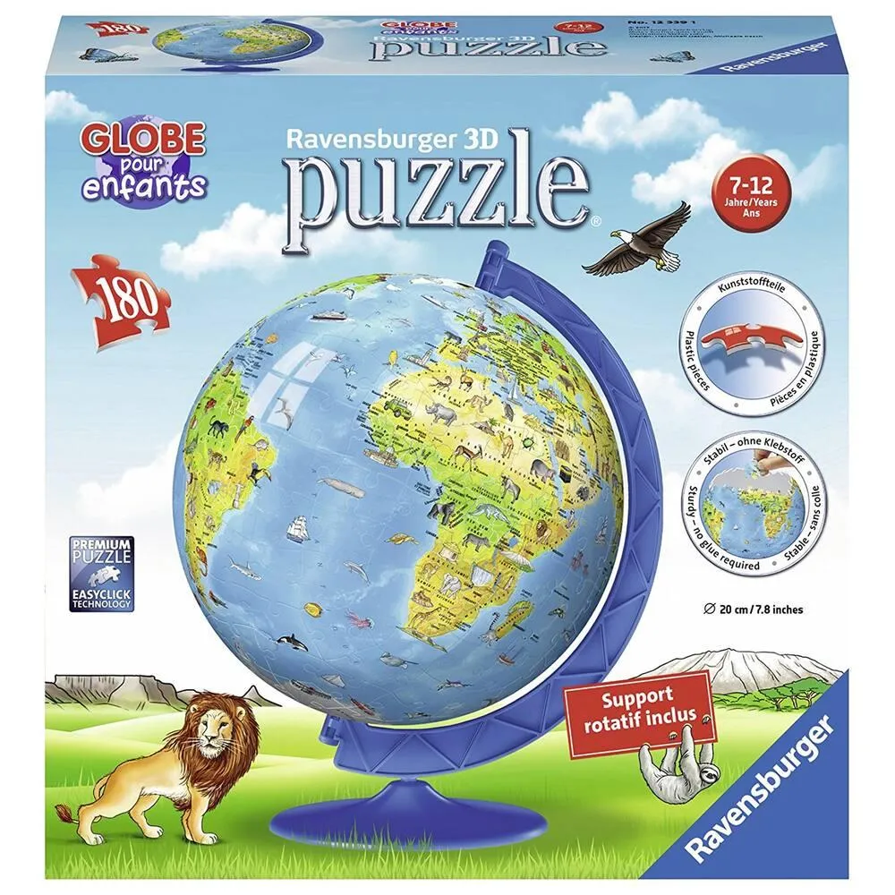 Puzzle 3D globe de Ravensburger assemblé sur son support rotatif