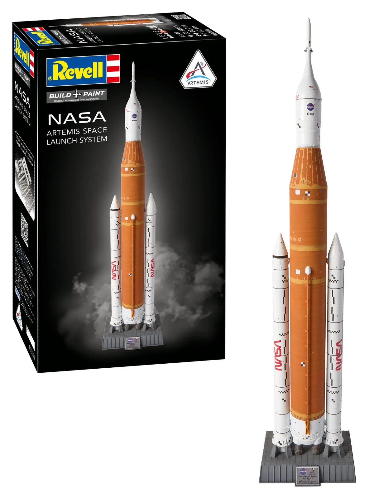 Boîte de la maquette Revell NASA Artemis Space Launch System et la fusée montée sur son socle