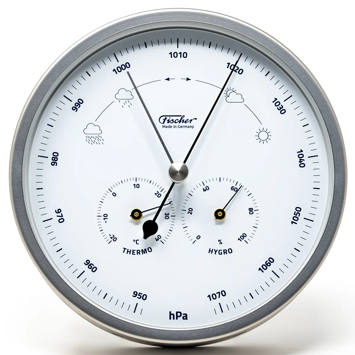 Station météo Fischer 1602-01 de face, aiguilles du baromètre et petits cadrans thermomètre et hygromètre