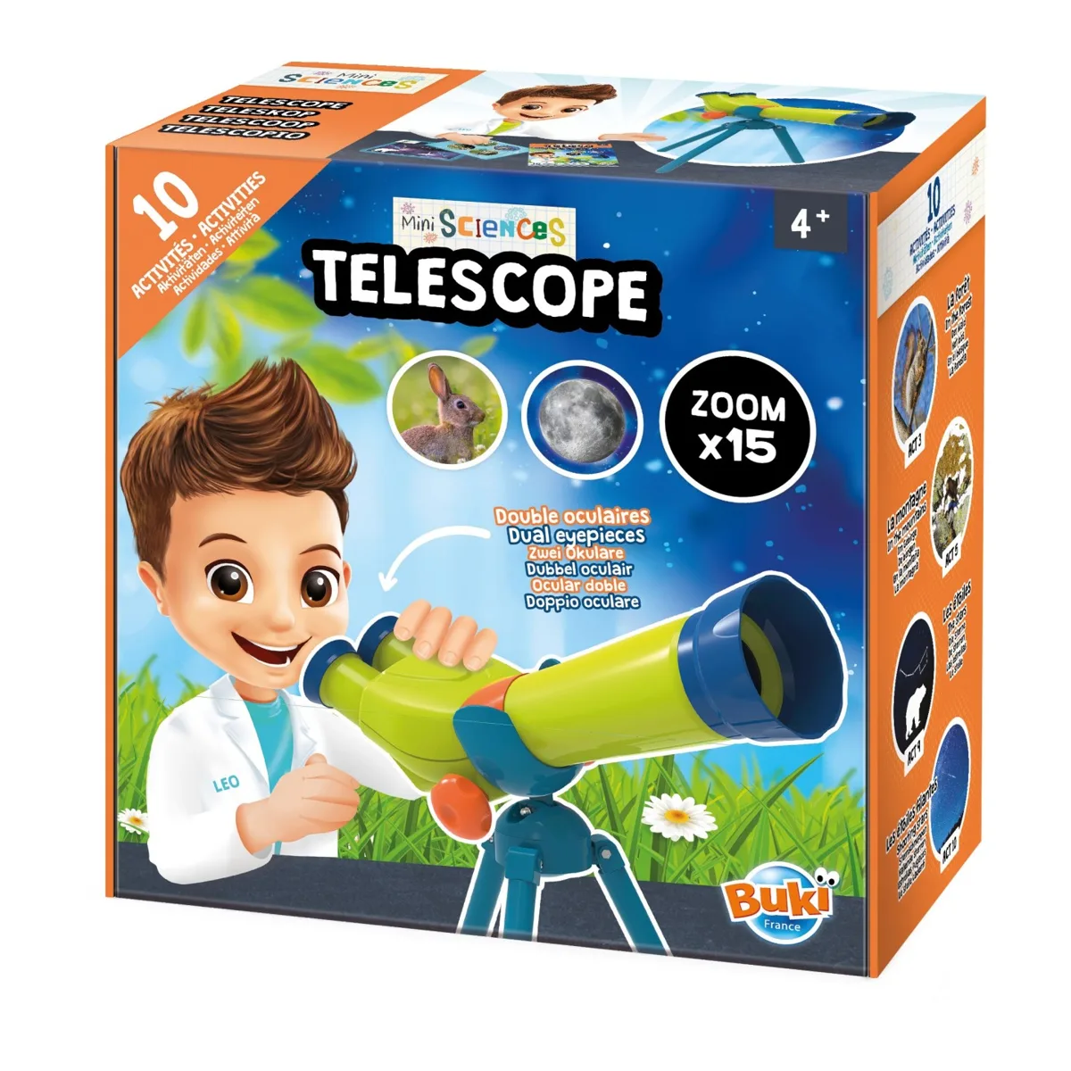 Boîte du Mini Sciences Telescope Buki, zoom x15, avec un enfant qui regarde dans le télescope vert