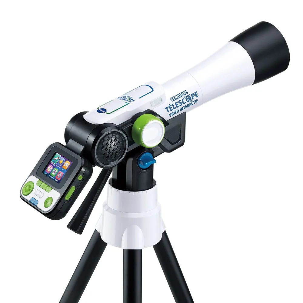 Télescope vidéo interactif VTech Genius XL blanc et noir, avec son écran couleur, sur son trépied