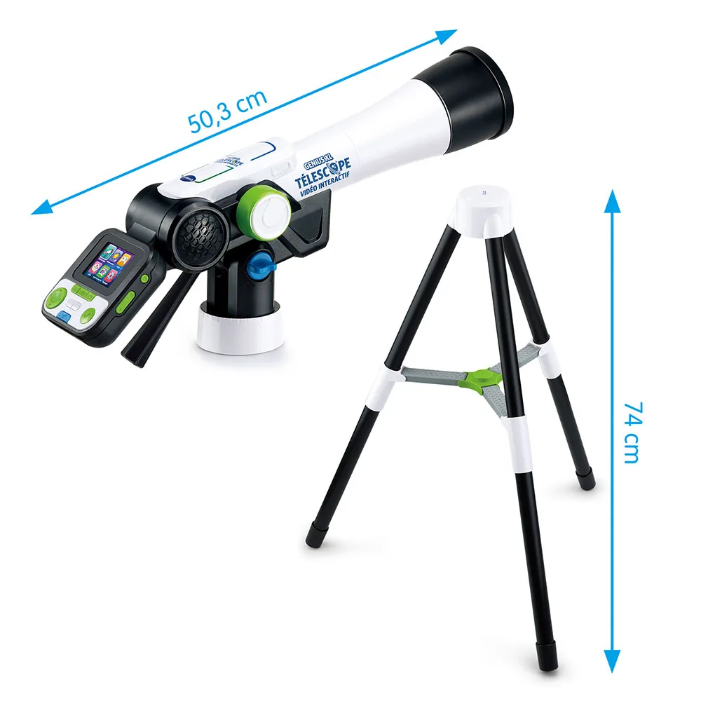 Télescope VTech Genius XL et son trépied détachable, avec les dimensions 50,3 cm et 74 cm