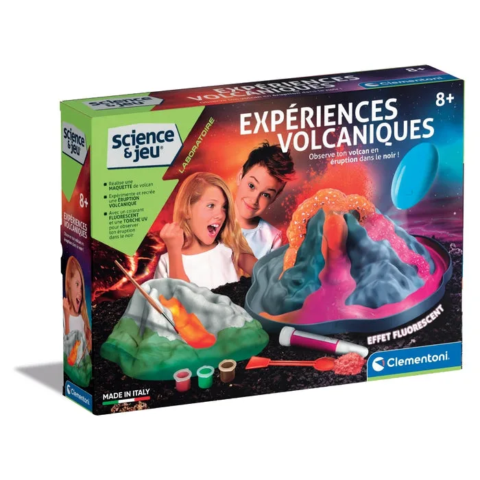 Boîte du coffret Clementoni Expériences volcaniques avec maquette de volcan fluorescente